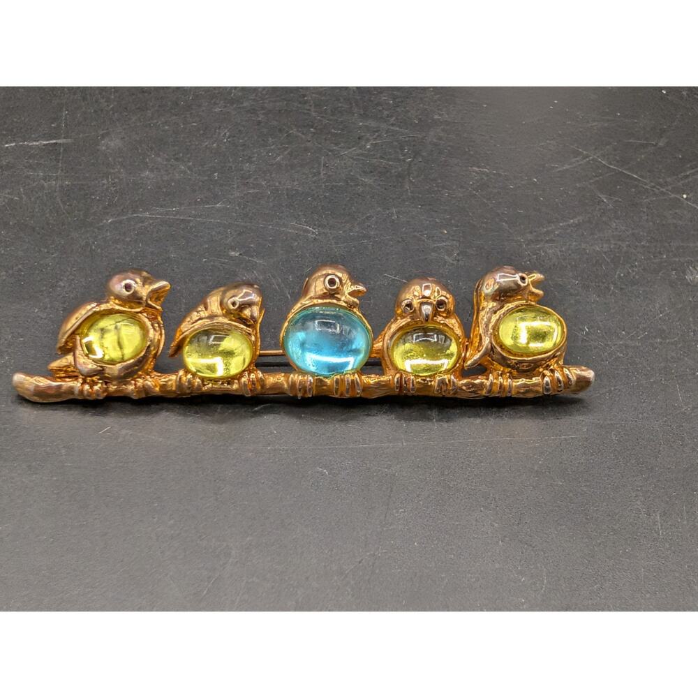 Vintage Gold Tone Jelly Belly Birds on a Branch Brooch Pin 2.5”